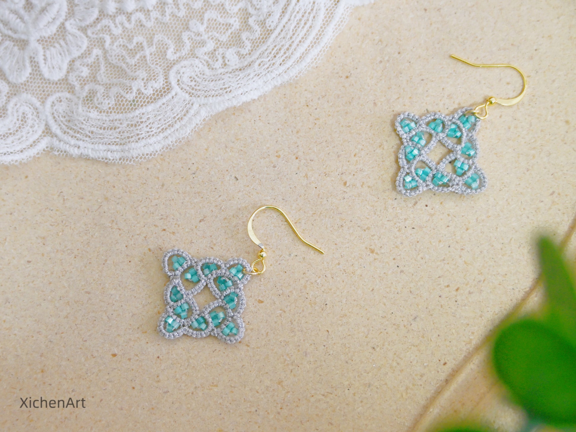 tatting earring drop with shiny beads