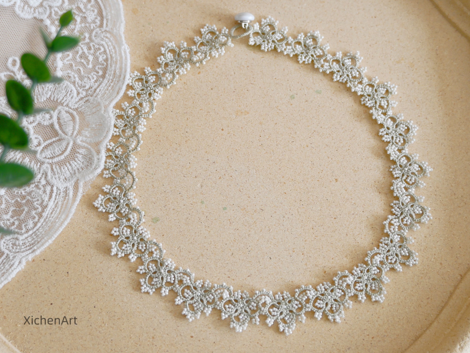 tatting necklace with white miyuki beads