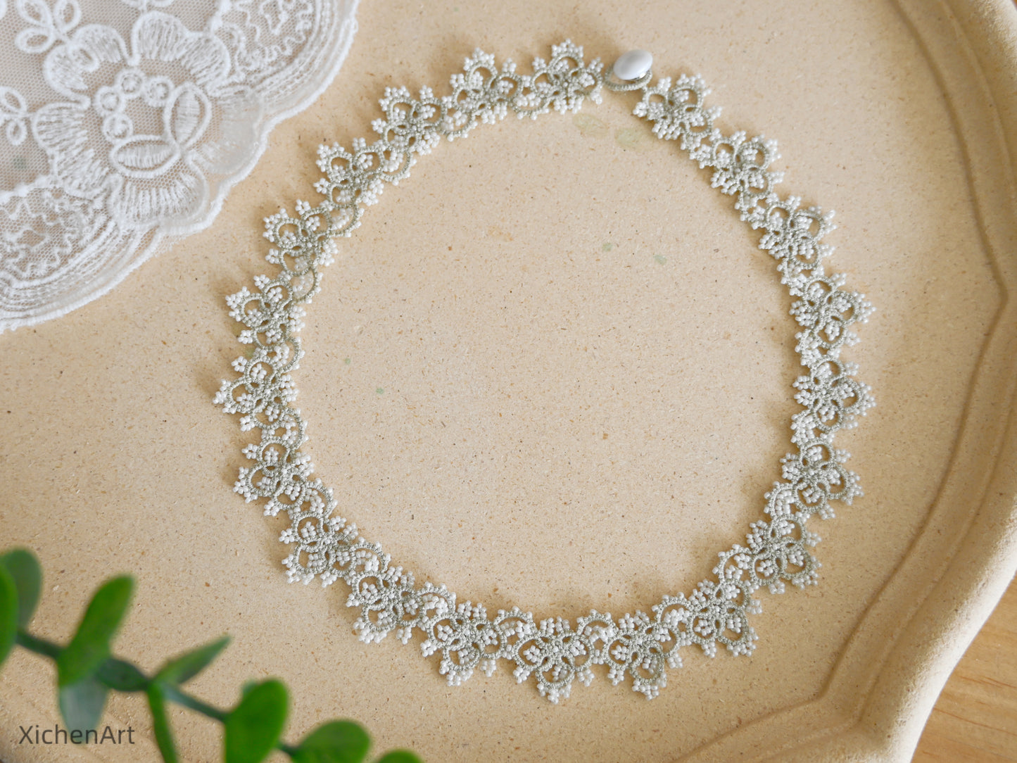 tatting necklace with white miyuki beads