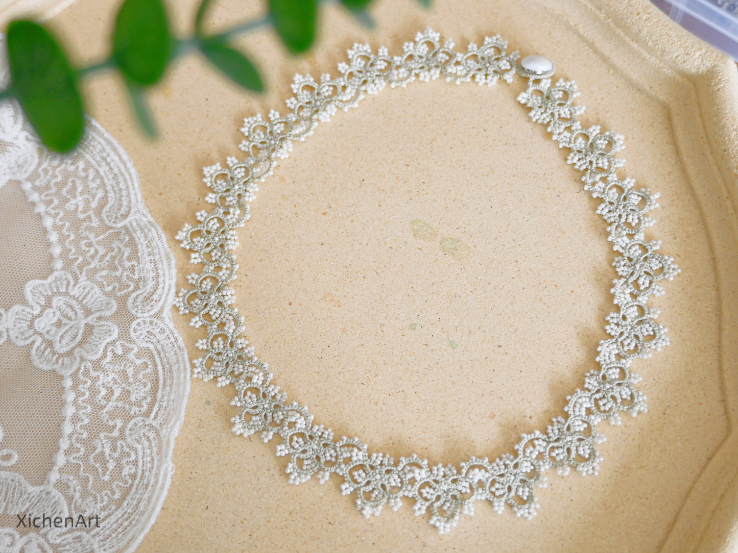 tatting necklace with white miyuki beads