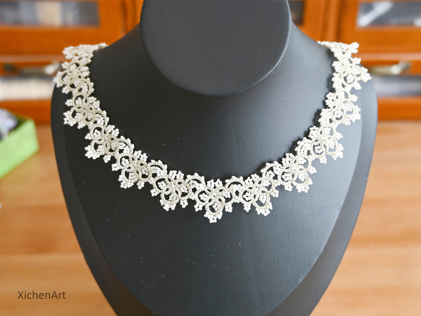 tatting necklace with white miyuki beads