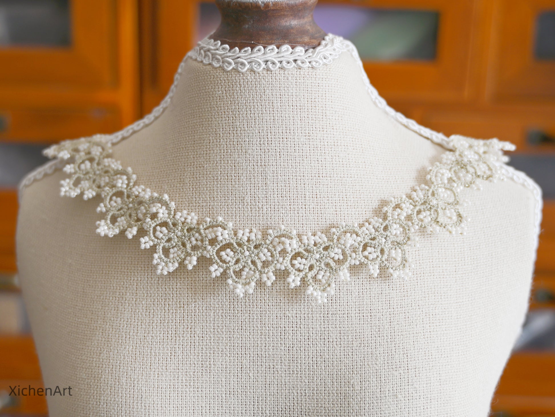 tatting necklace with white miyuki beads