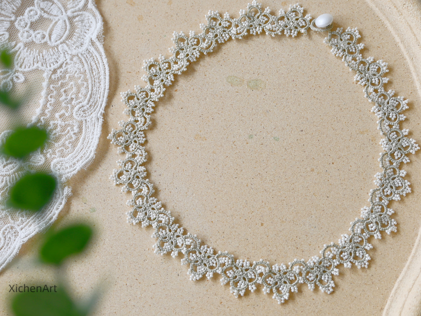 tatting necklace with white miyuki beads