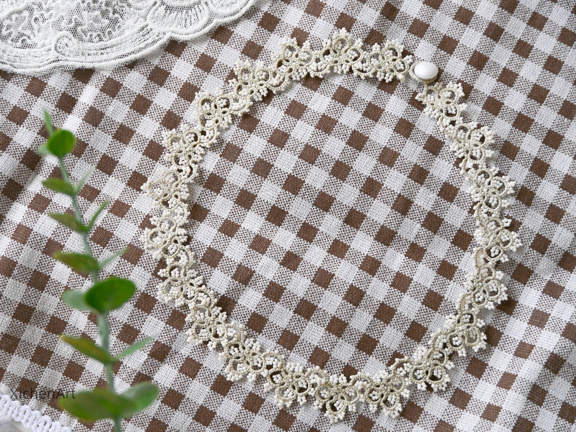 tatting necklace with white miyuki beads