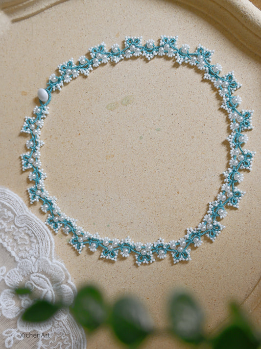 blue tatting necklace with pearl and miyuki beads