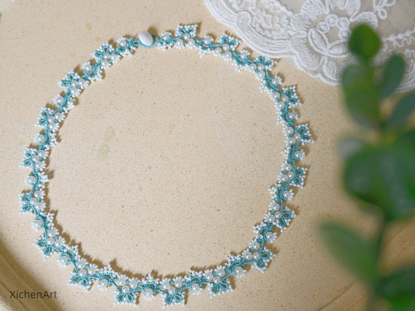 blue tatting necklace with pearl and miyuki beads