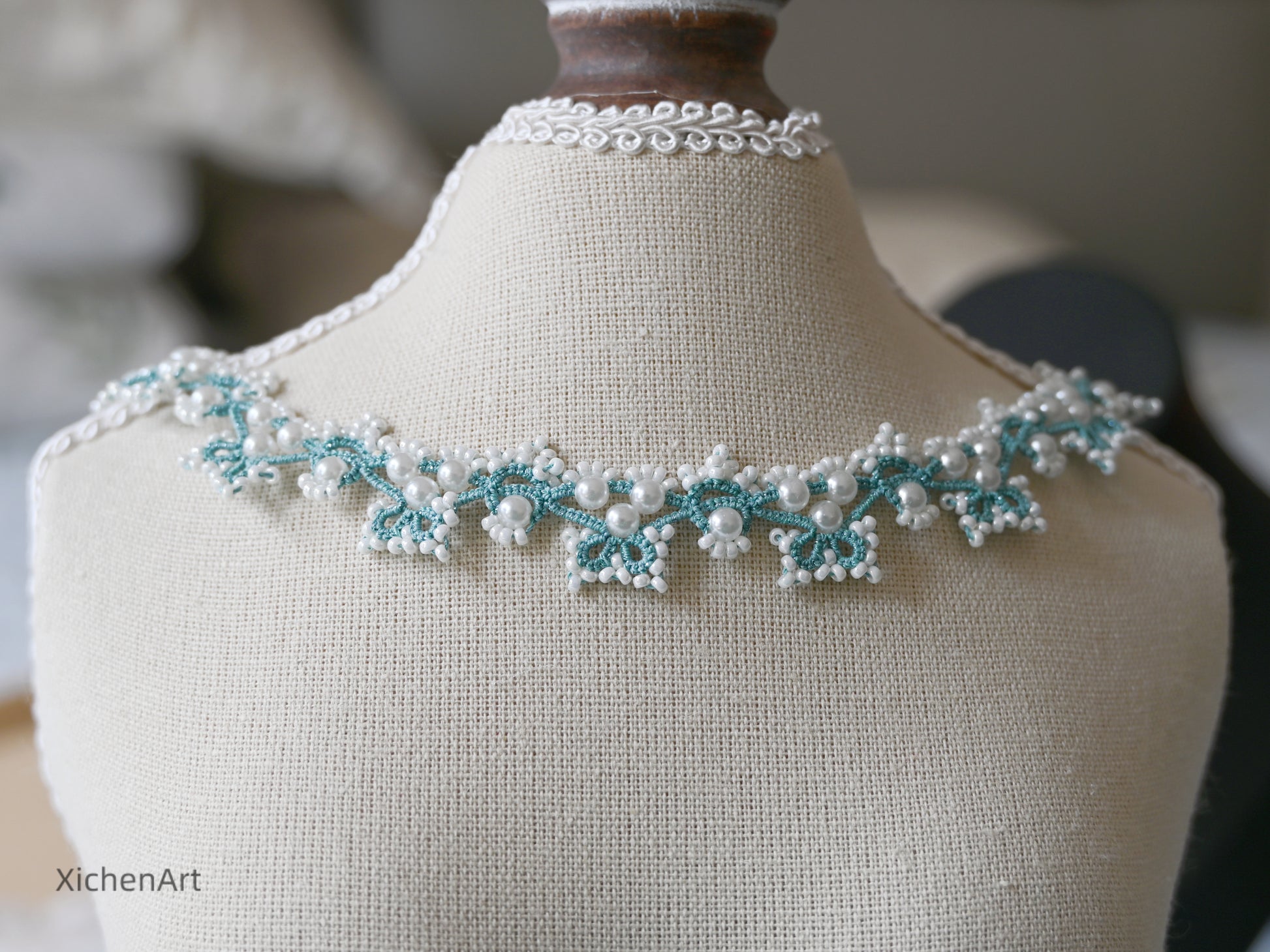 blue tatting necklace with pearl and miyuki beads