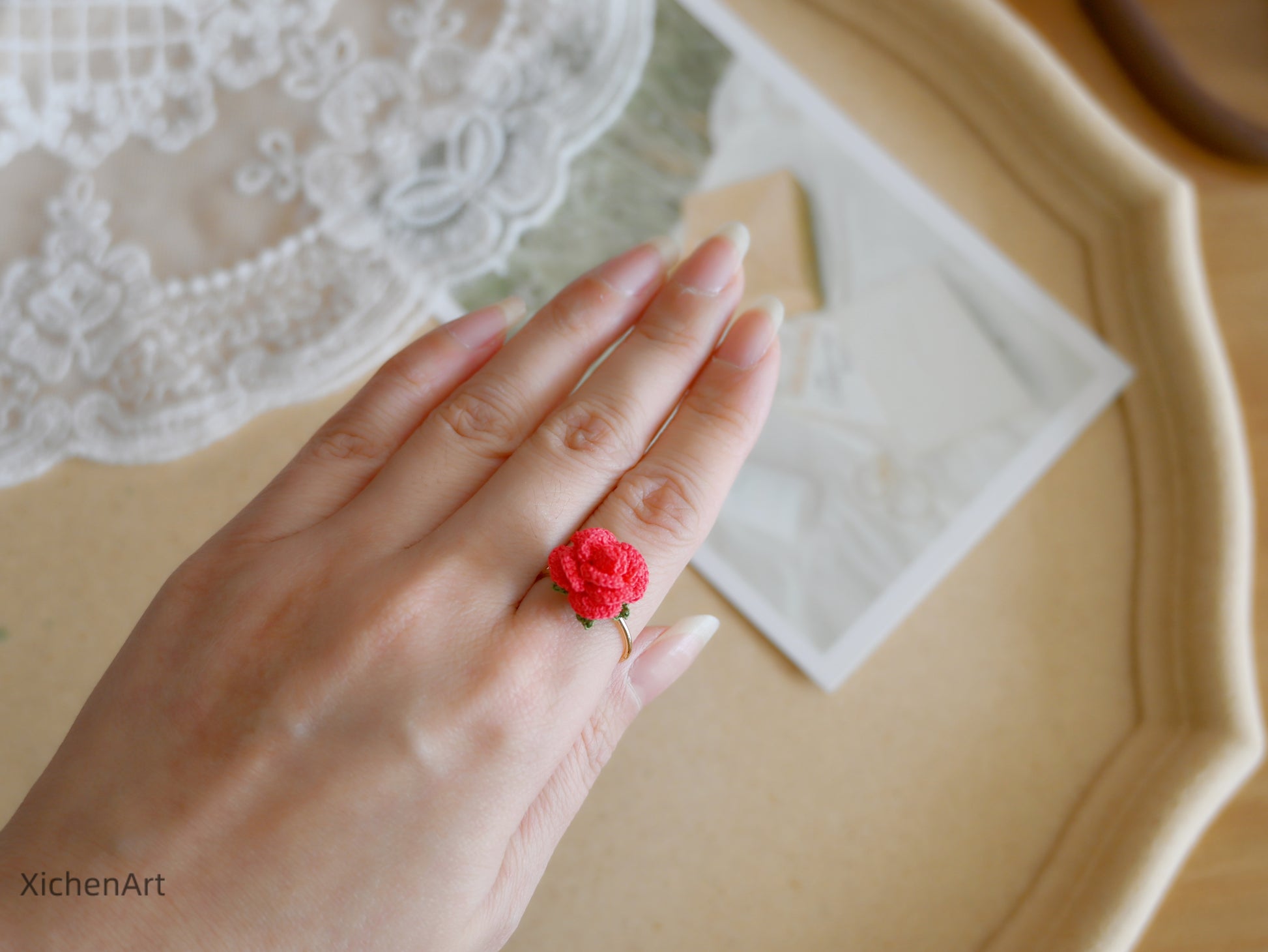 adjustable micro crochet rose ring