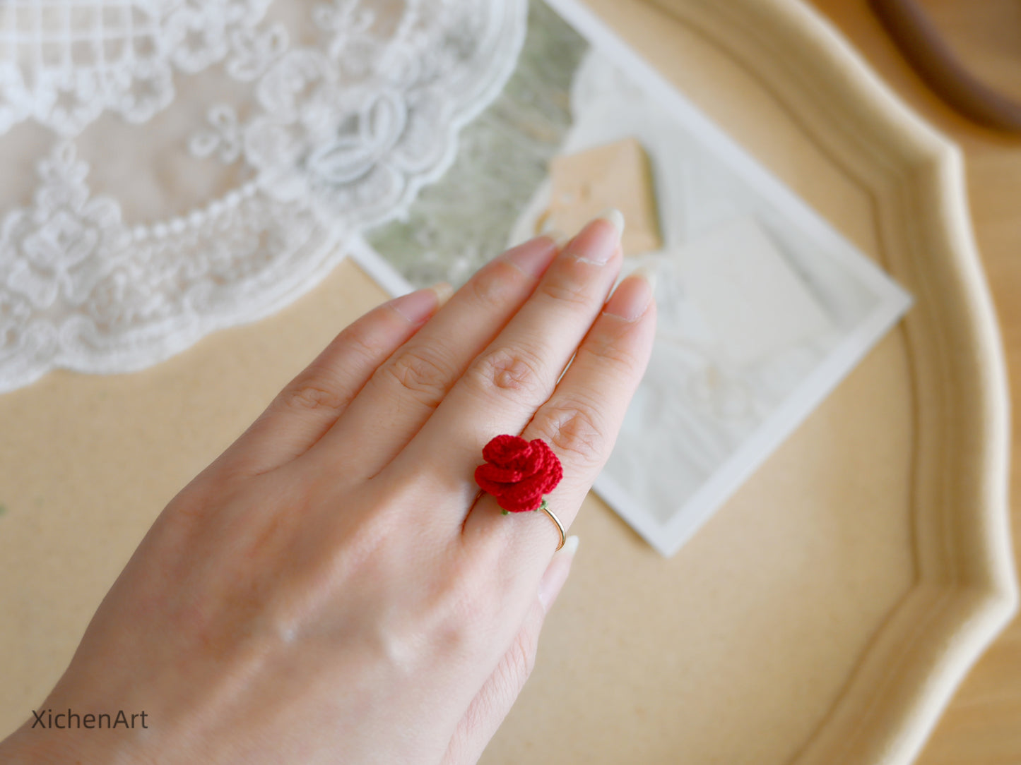 adjustable micro crochet rose ring