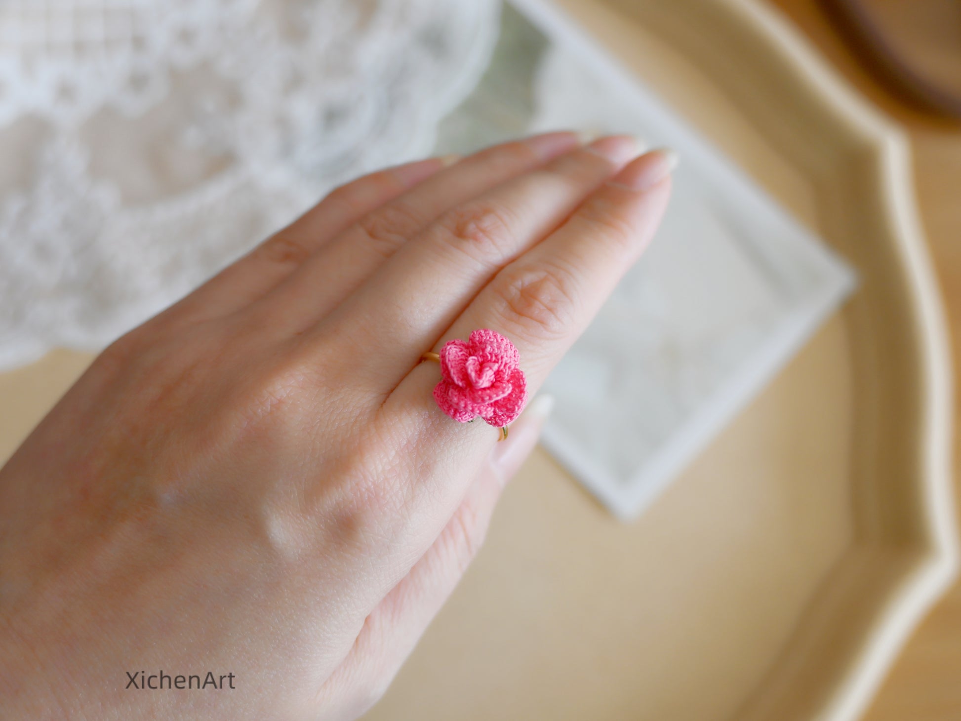 adjustable micro crochet rose ring