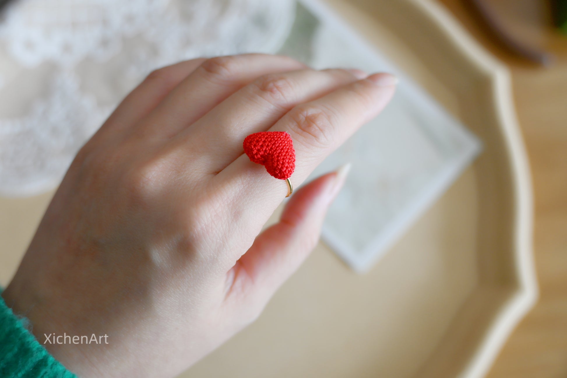 micro crochet heart ring