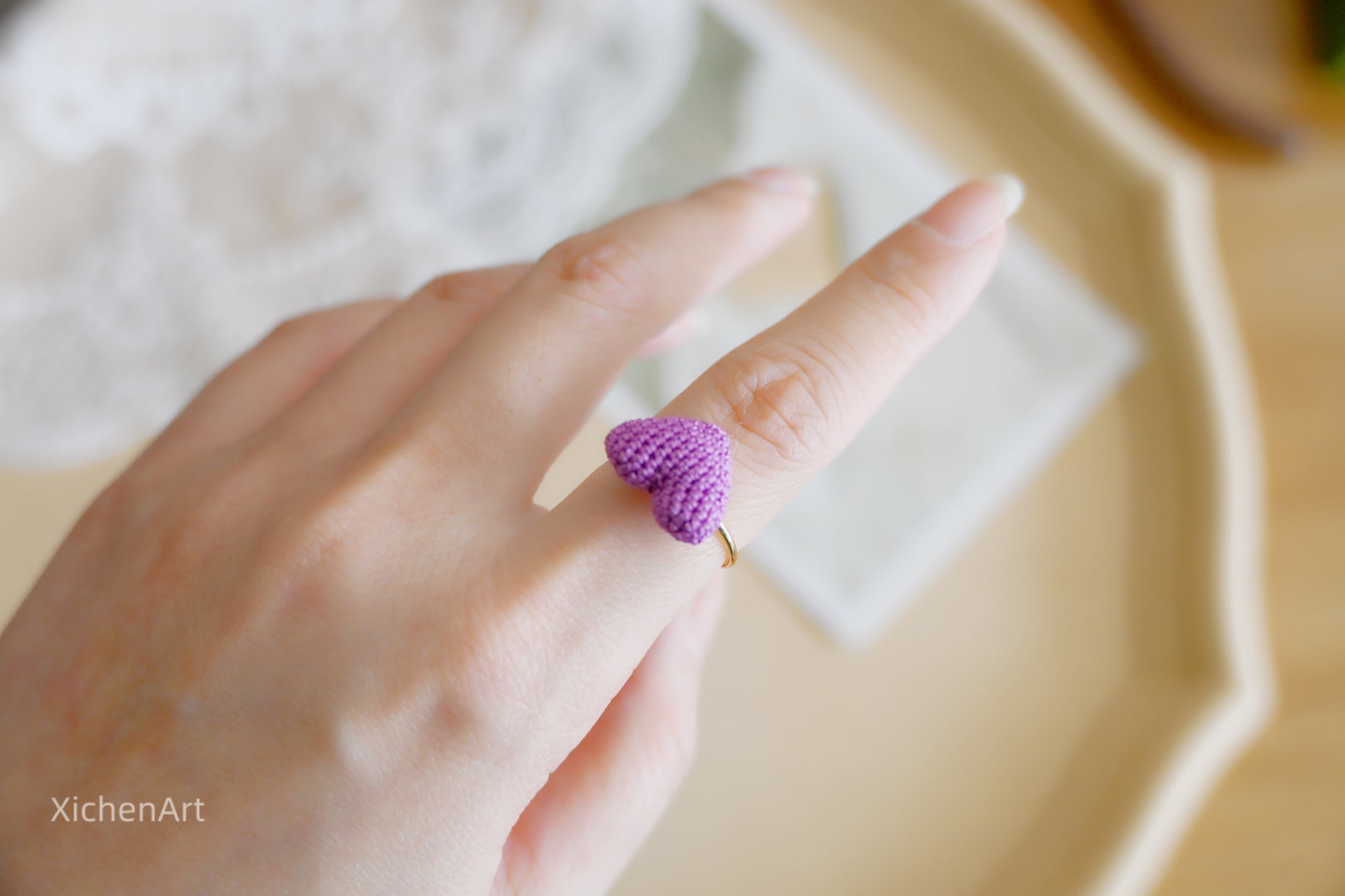 micro crochet heart ring