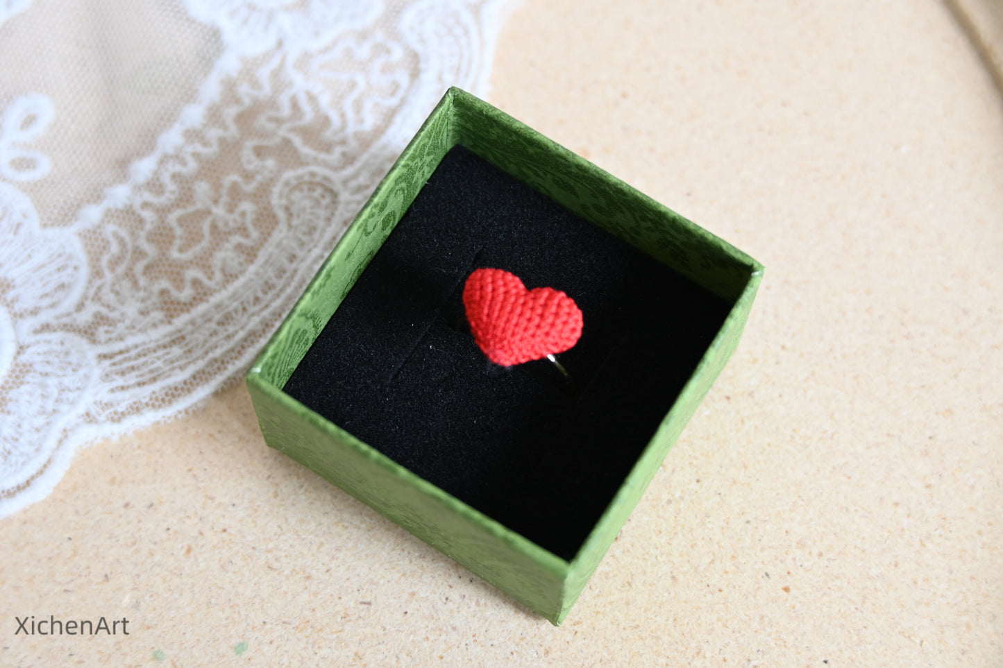 micro crochet heart ring, delicate and beautiful handmade crochet heart ring