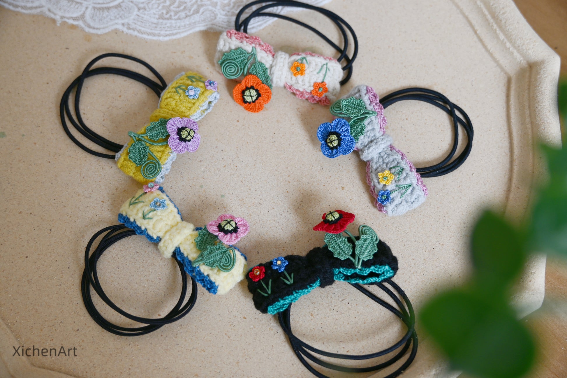 micro crochet poppy flower hair tie