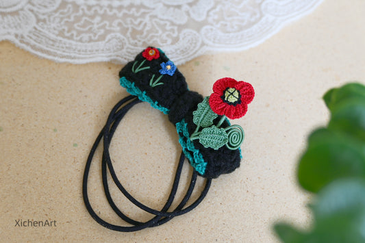 micro crochet poppy flower hair tie