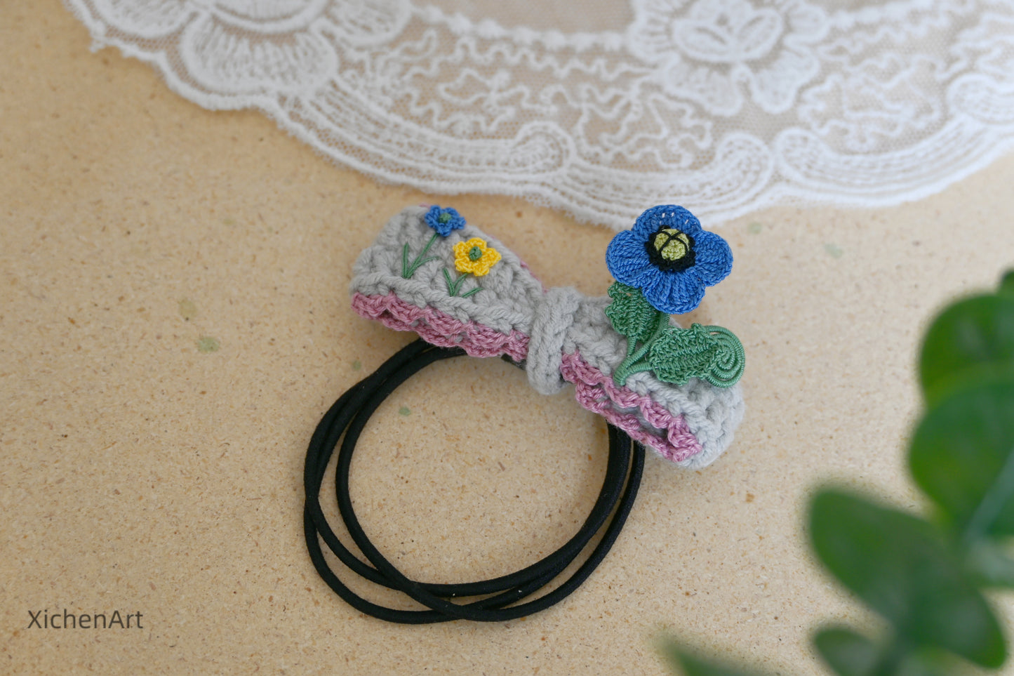 micro crochet poppy flower hair tie