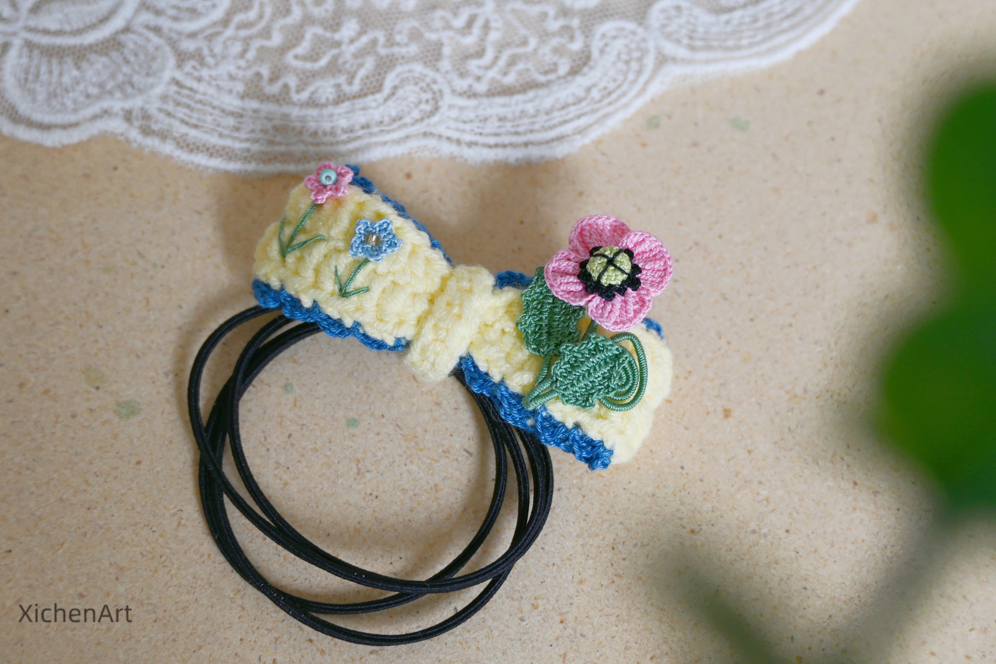 micro crochet poppy flower hair tie