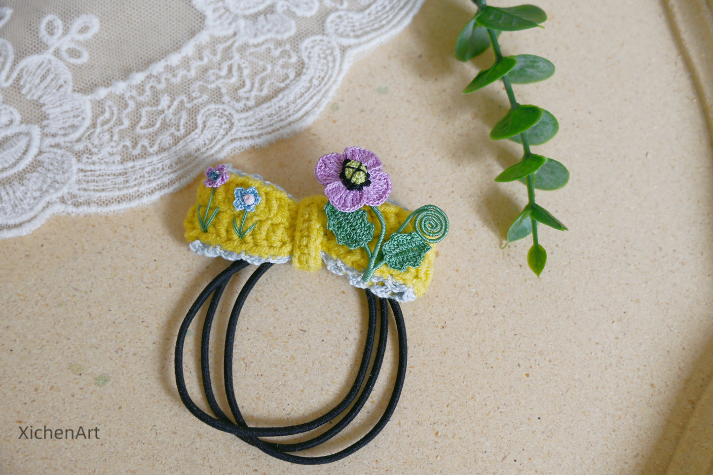 micro crochet poppy flower hair tie