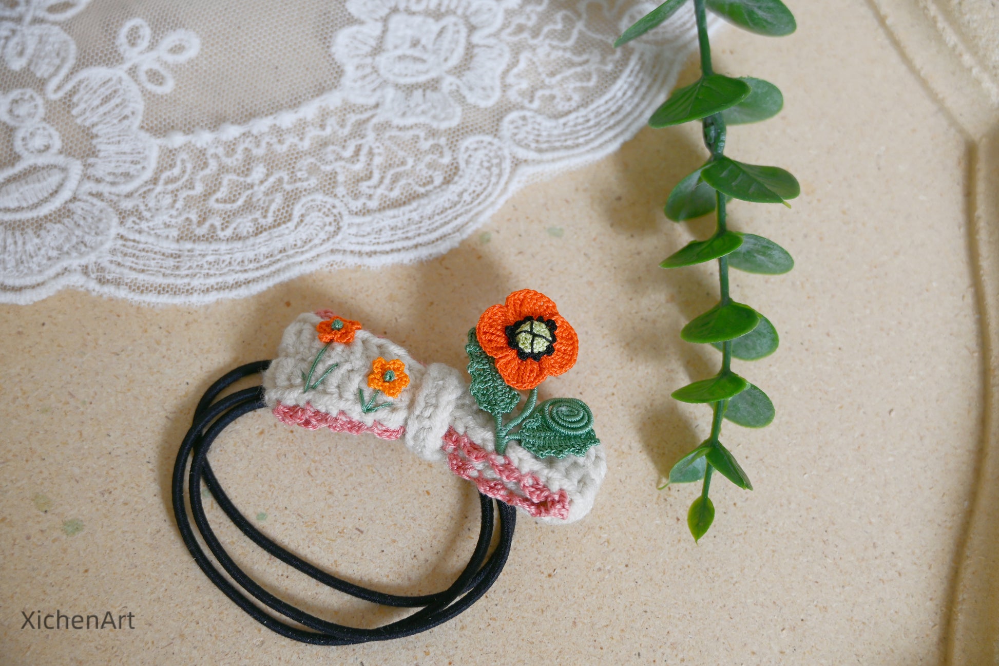 micro crochet poppy flower hair tie