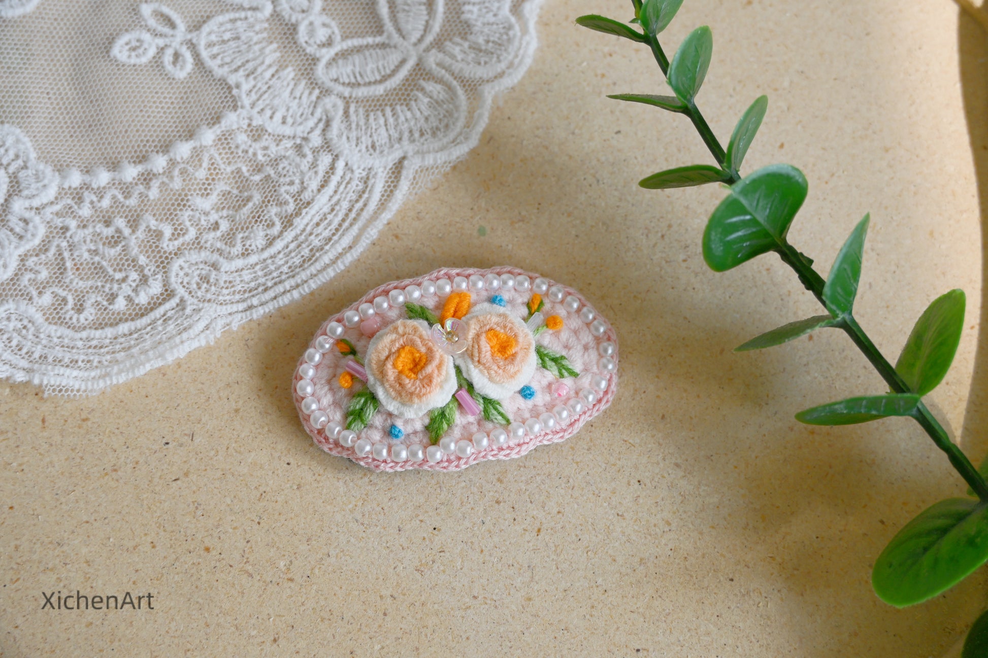 embroider flower hair clip with pearls