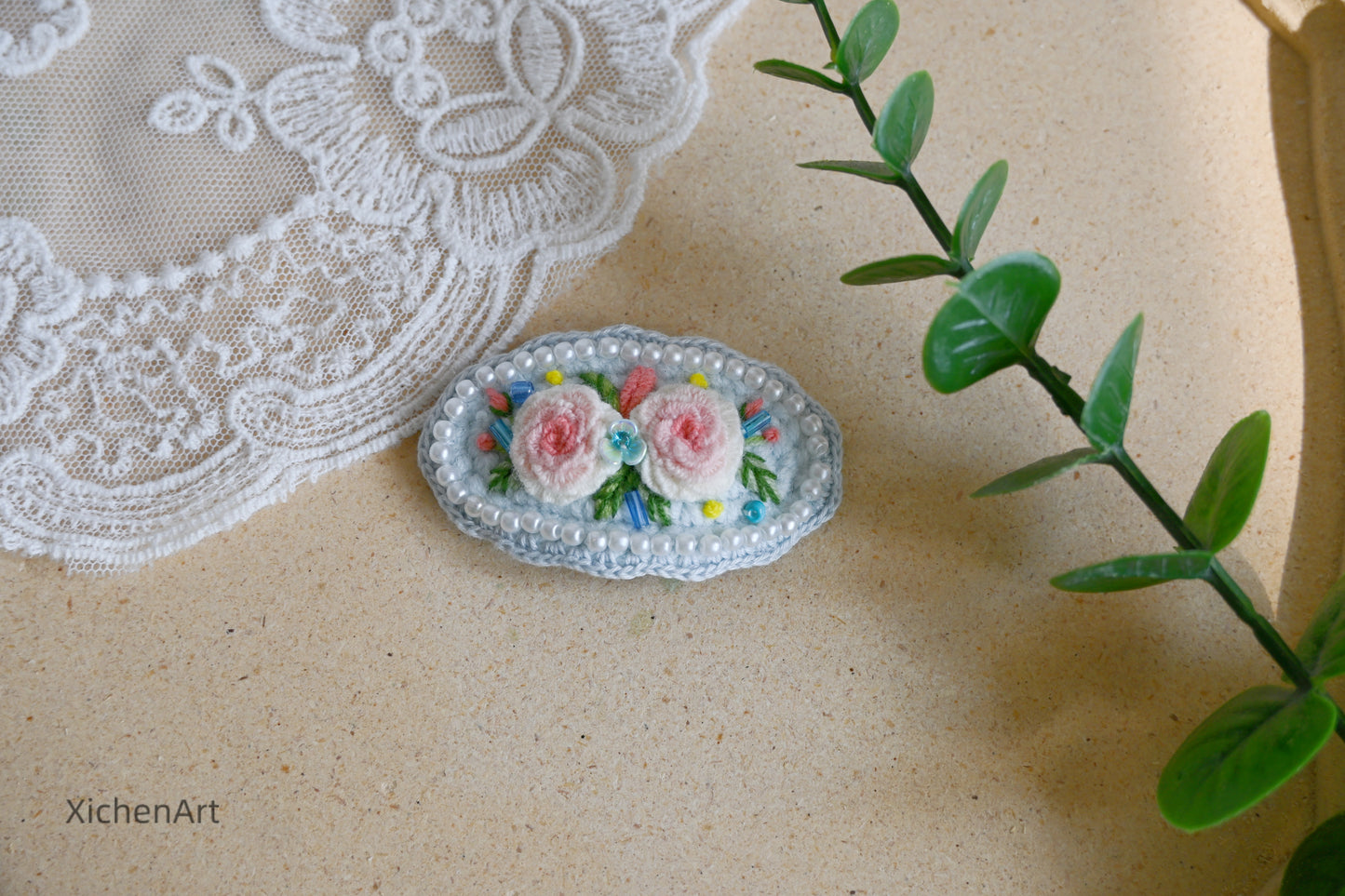 embroider flower hair clip with pearls