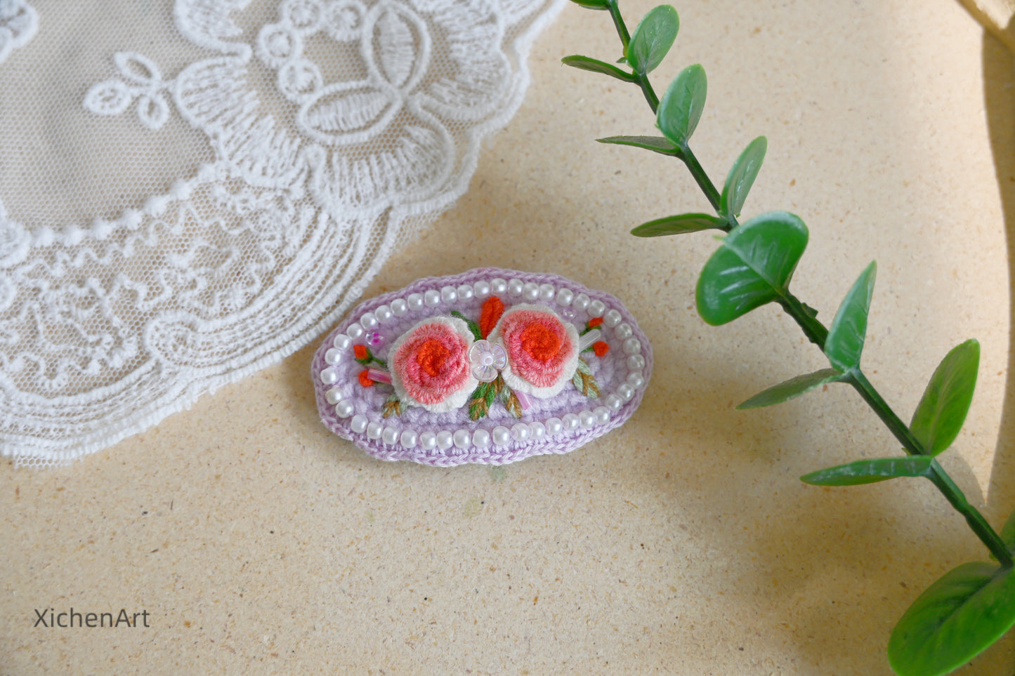 embroider flower hair clip with pearls