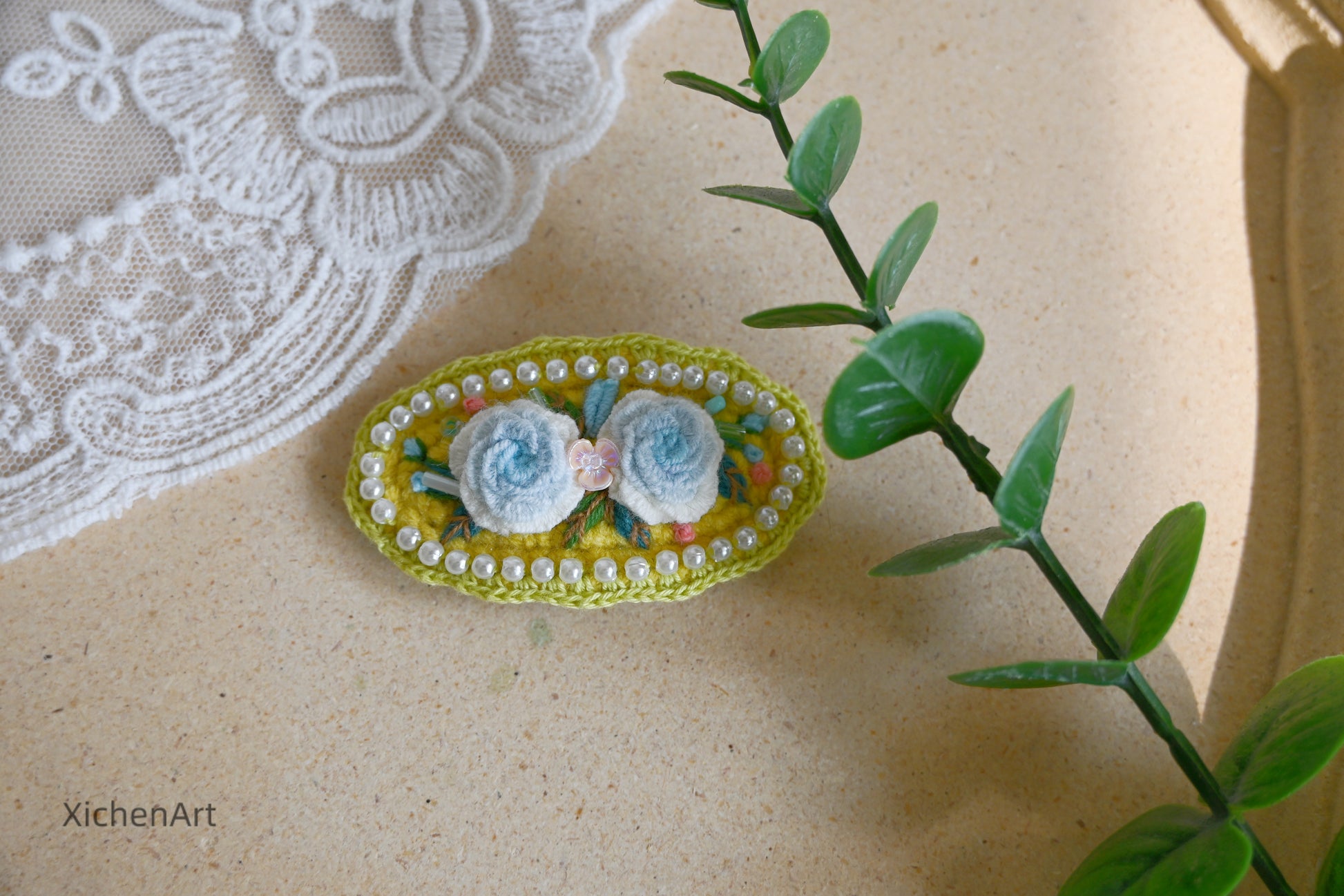 embroider flower hair clip with pearls