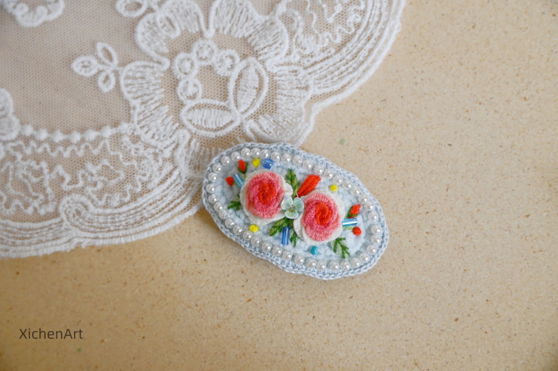 embroider flower hair clip with pearls