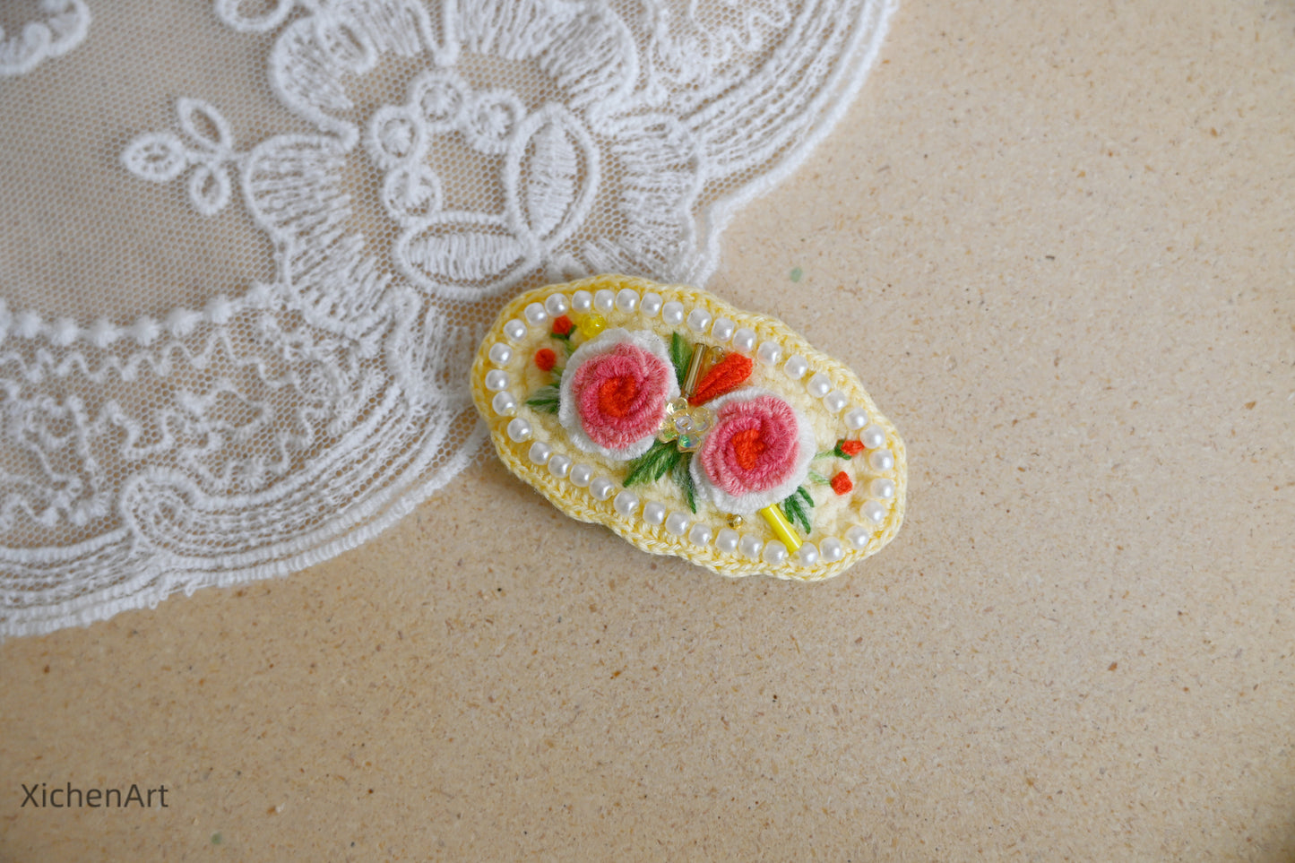 embroider flower hair clip with pearls