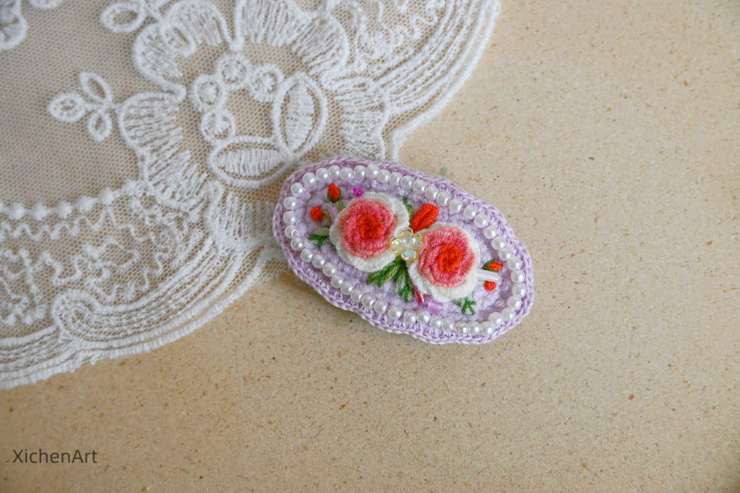 embroider flower hair clip with pearls