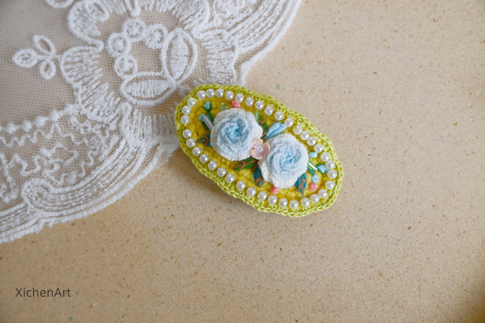 embroider flower hair clip with pearls