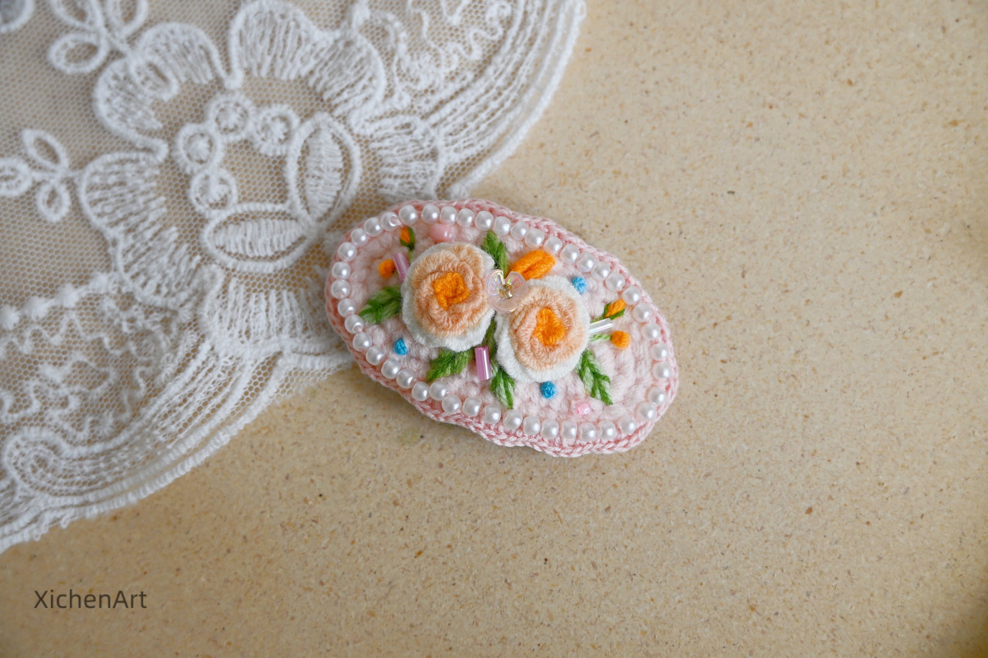 embroider flower hair clip with pearls