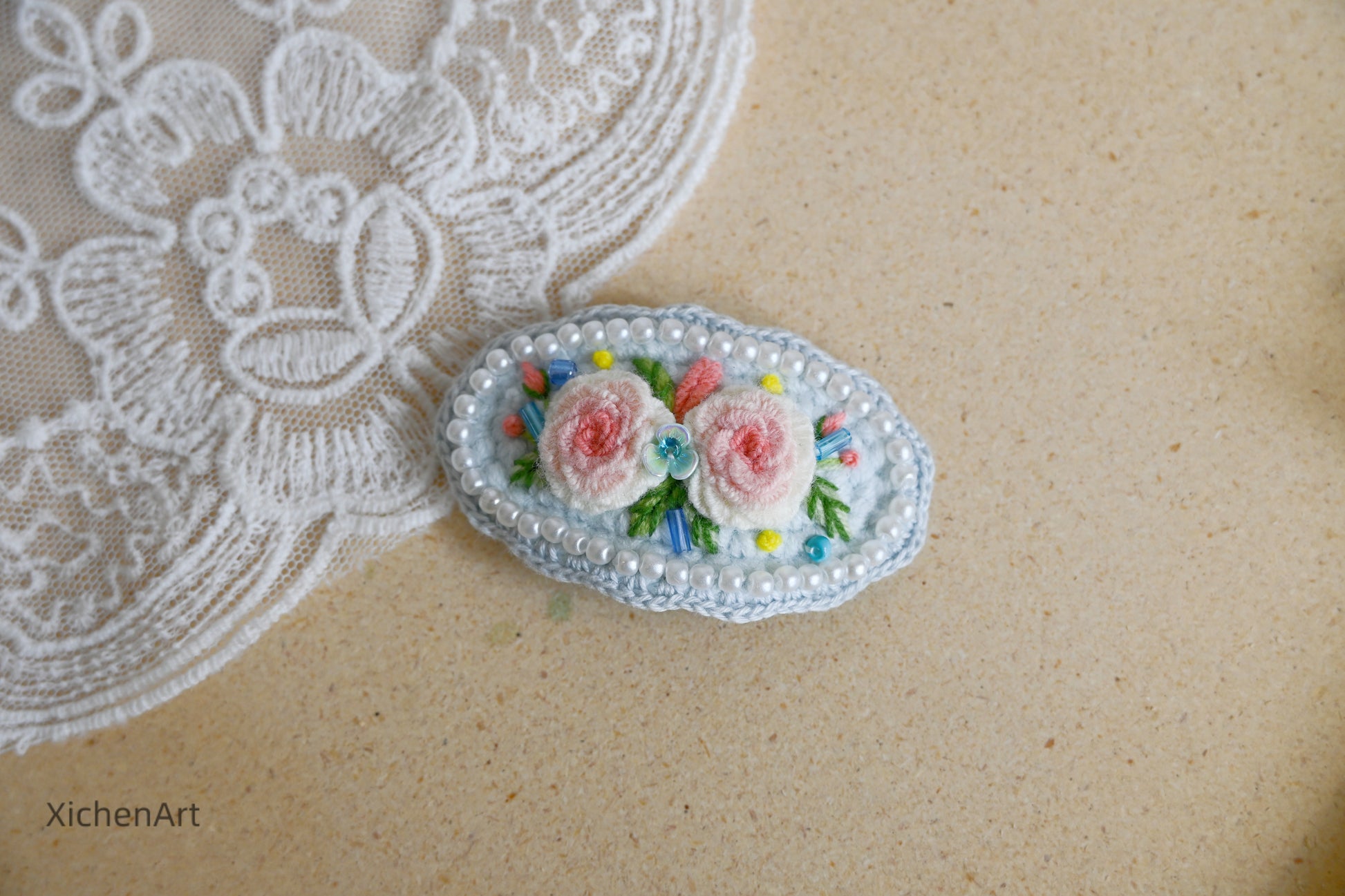 embroider flower hair clip with pearls