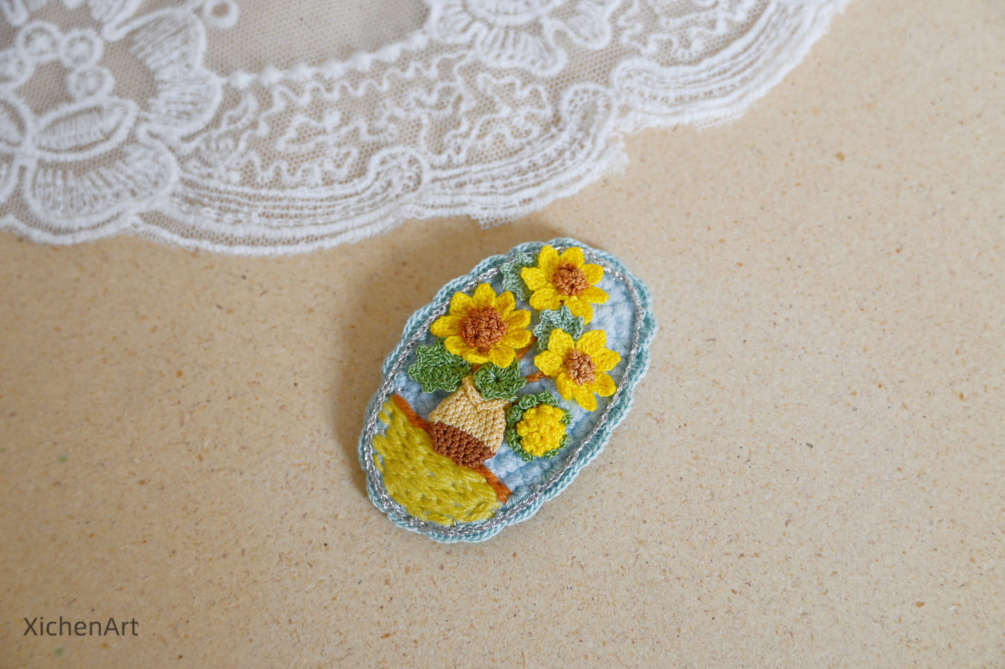 micro crochet Van Gogh sunflower hair clip