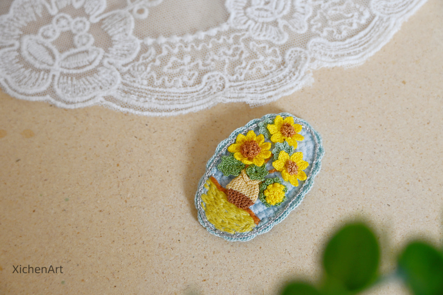 micro crochet Van Gogh sunflower hair clip