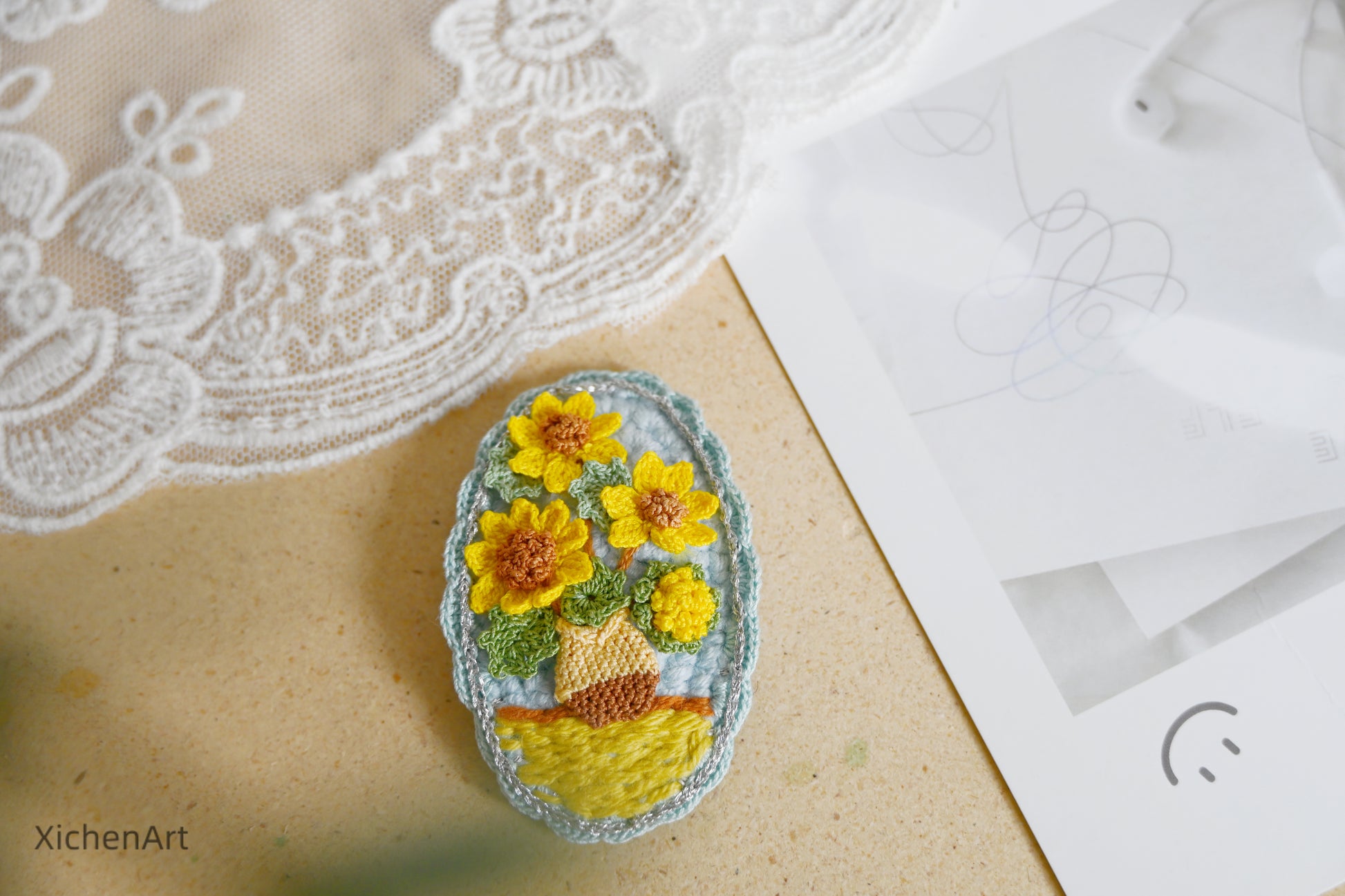 micro crochet Van Gogh sunflower hair clip