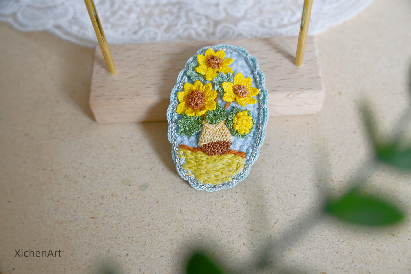 micro crochet Van Gogh sunflower hair clip