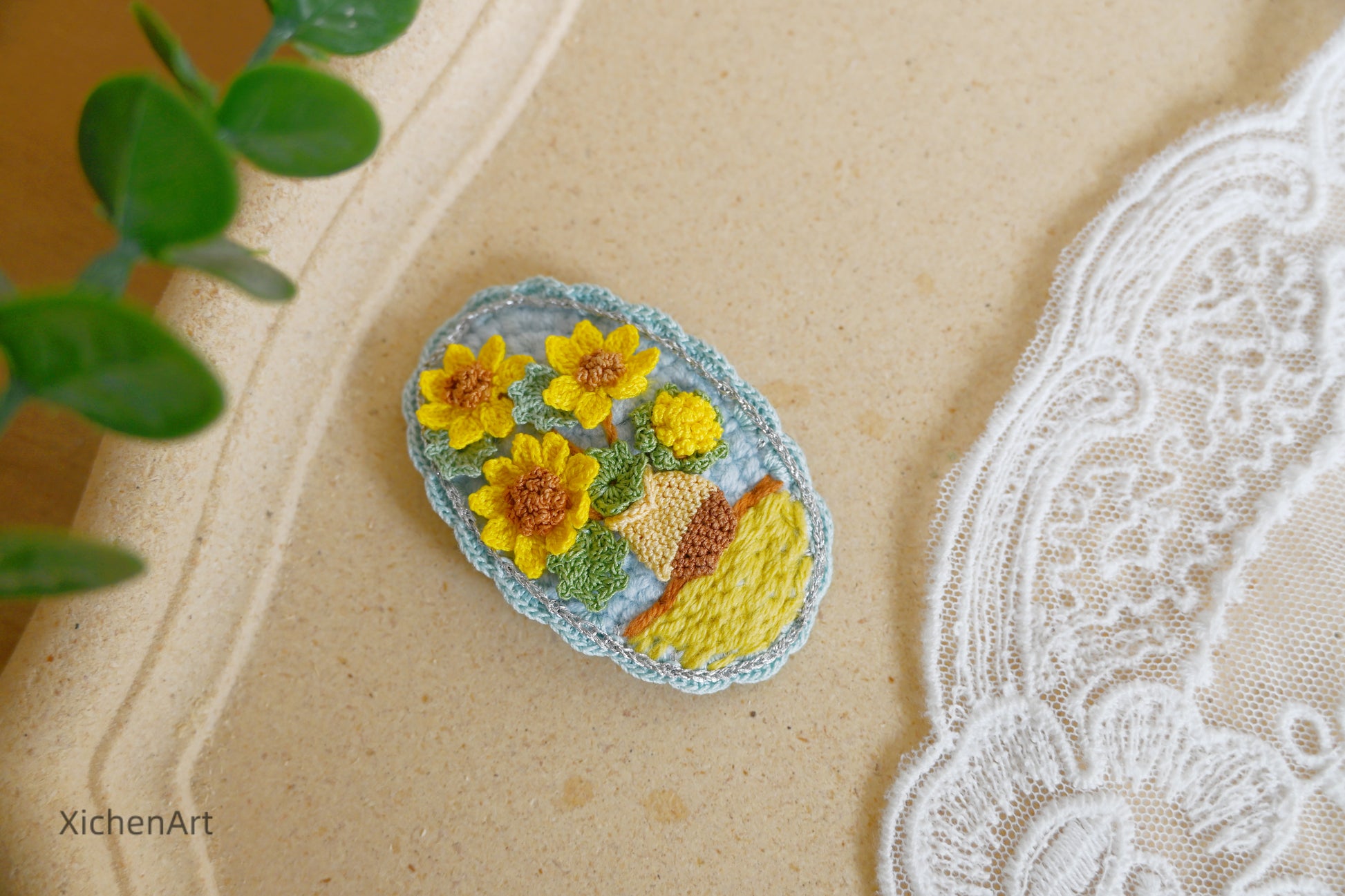 micro crochet Van Gogh sunflower hair clip