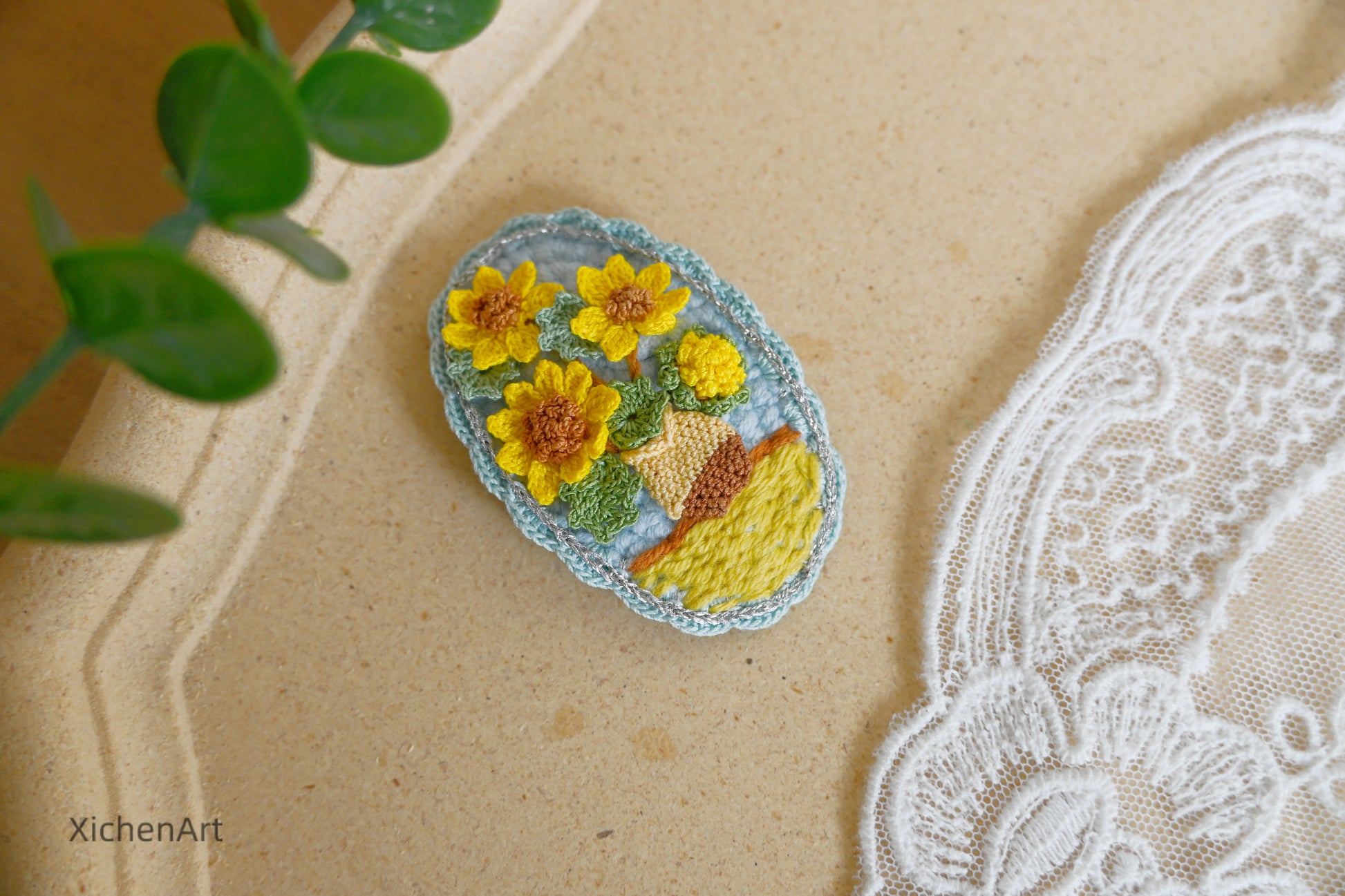 micro crochet Van Gogh sunflower hair clip