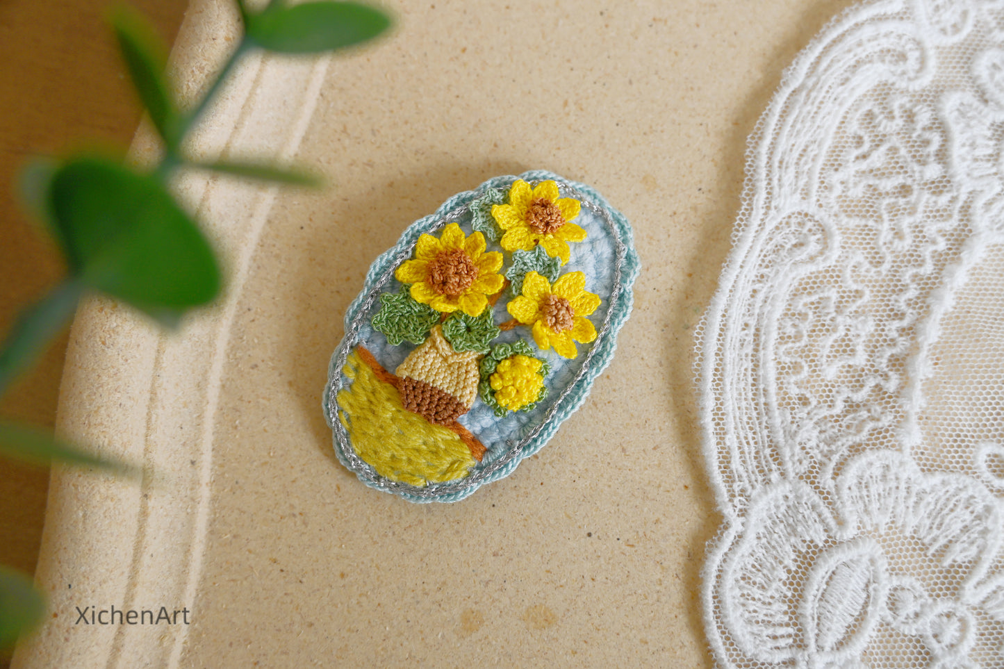 micro crochet Van Gogh sunflower hair clip