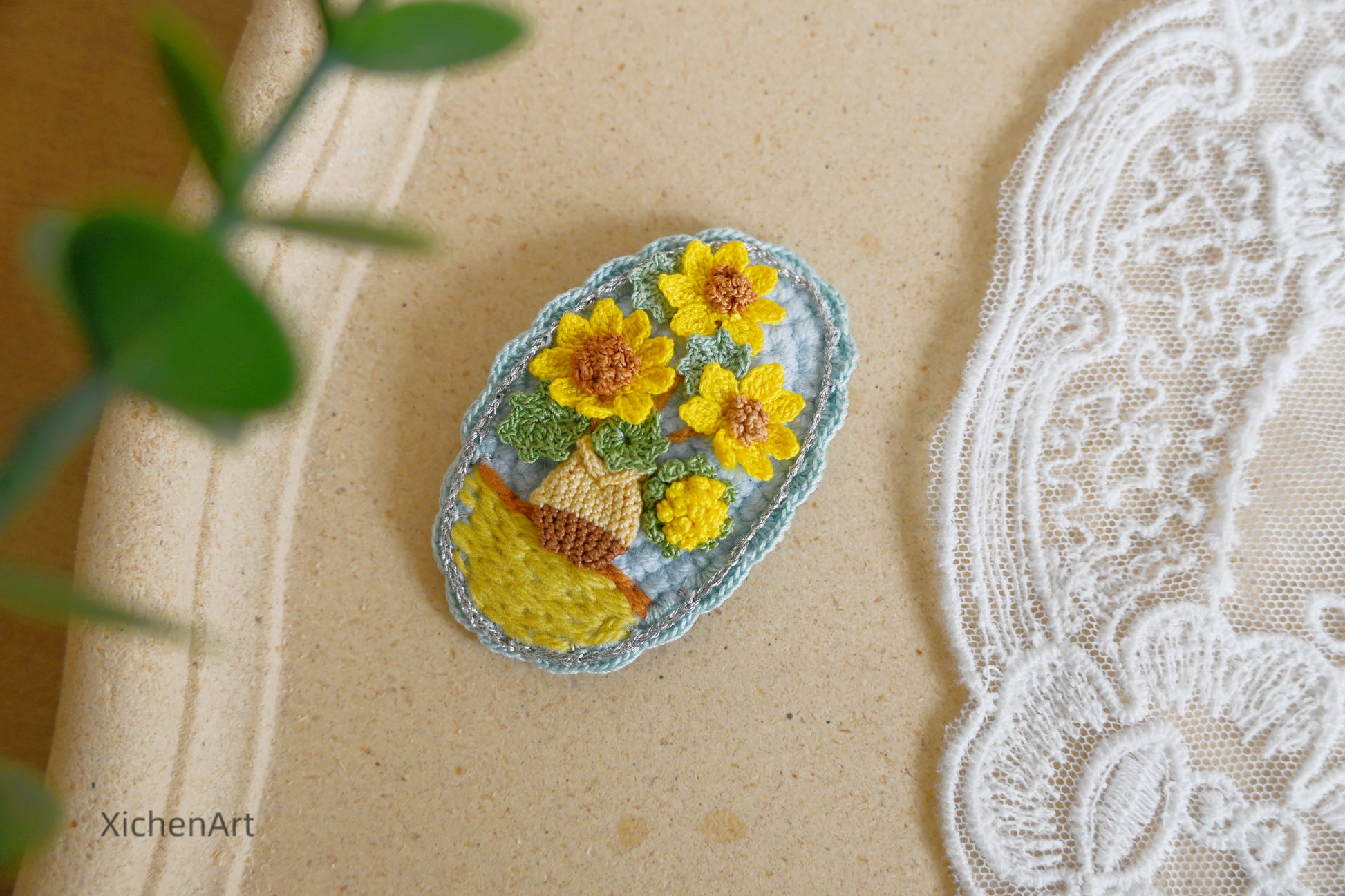 micro crochet Van Gogh sunflower hair clip