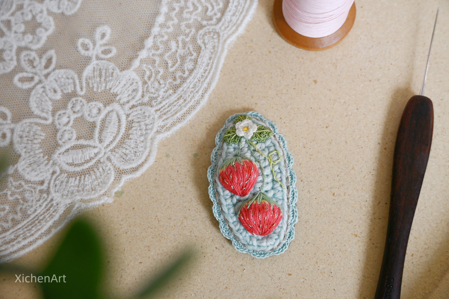 embroider strawberry hair clip