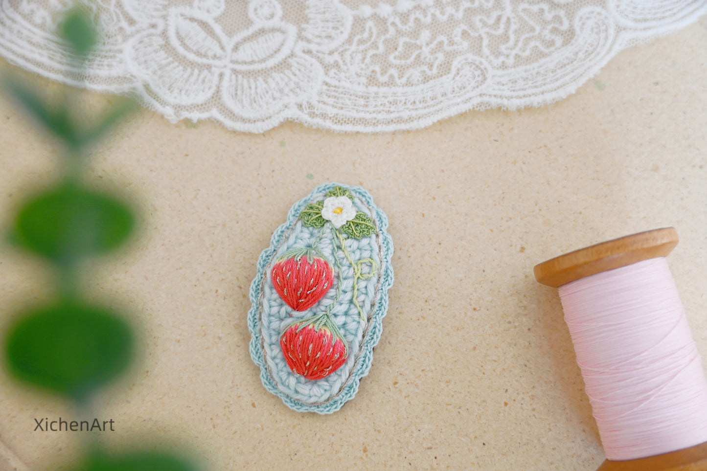 embroider strawberry hair clip