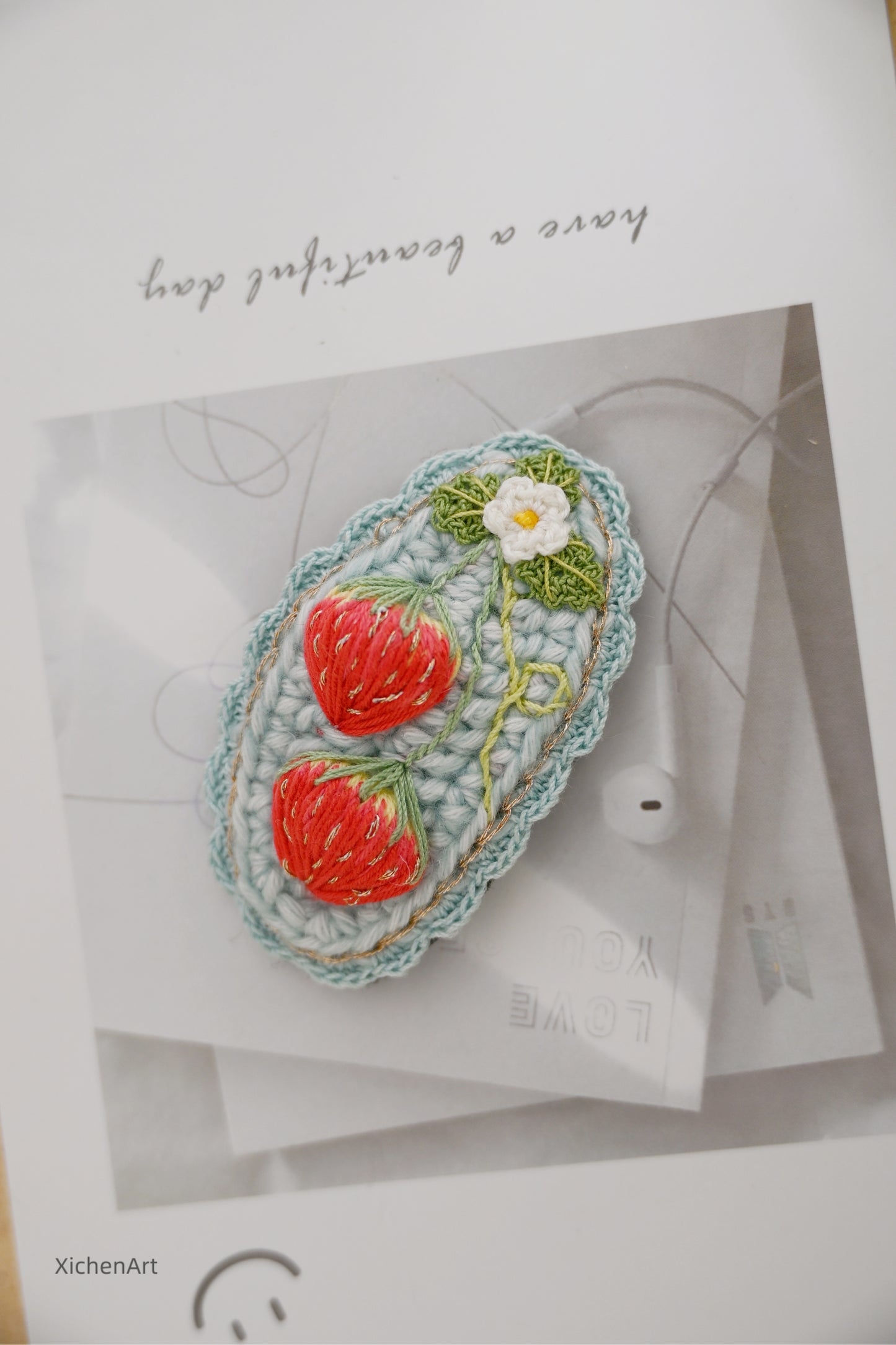 embroider strawberry hair clip