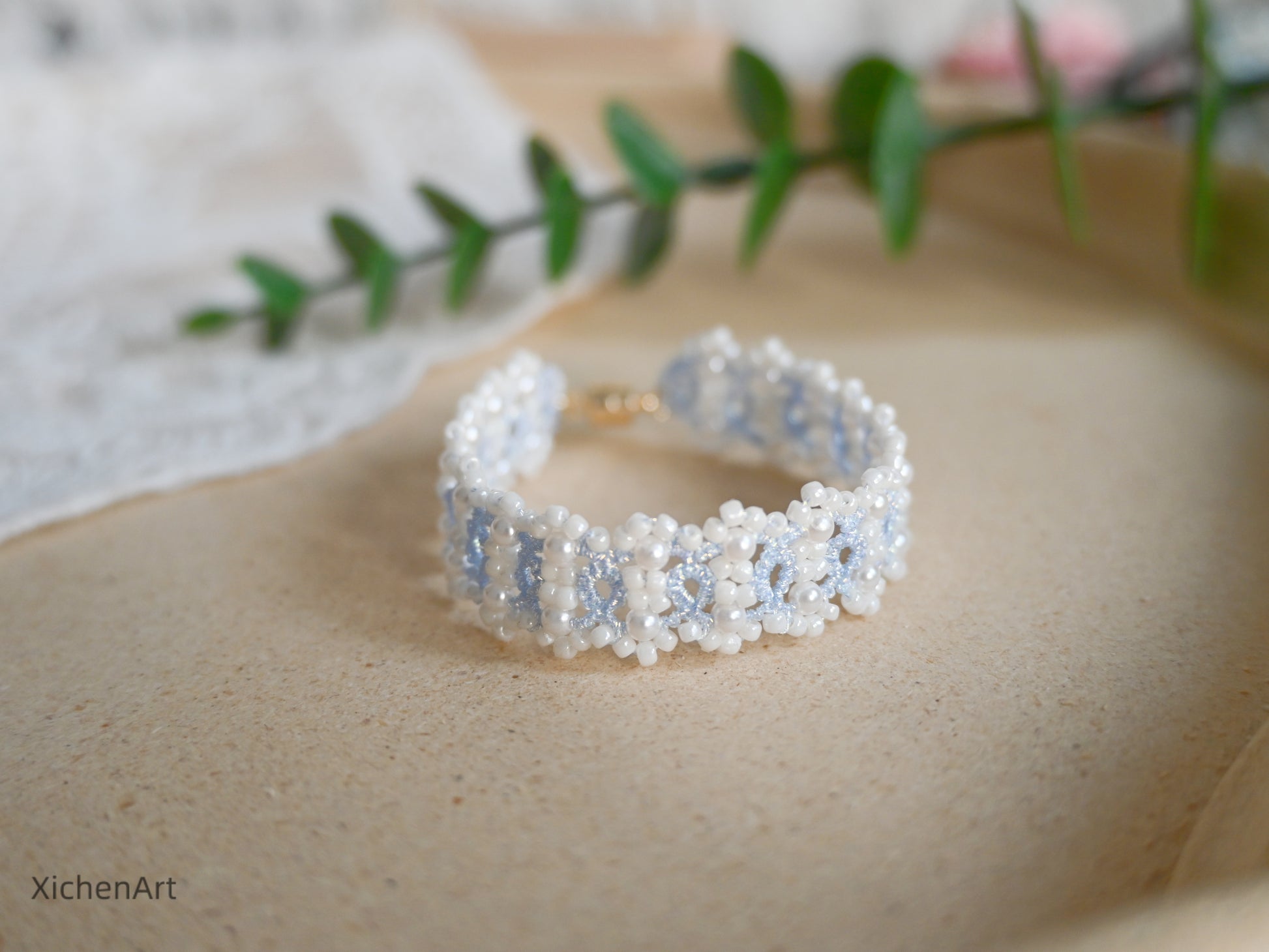 light blue tatting bracelet with pearl and miyuki beads