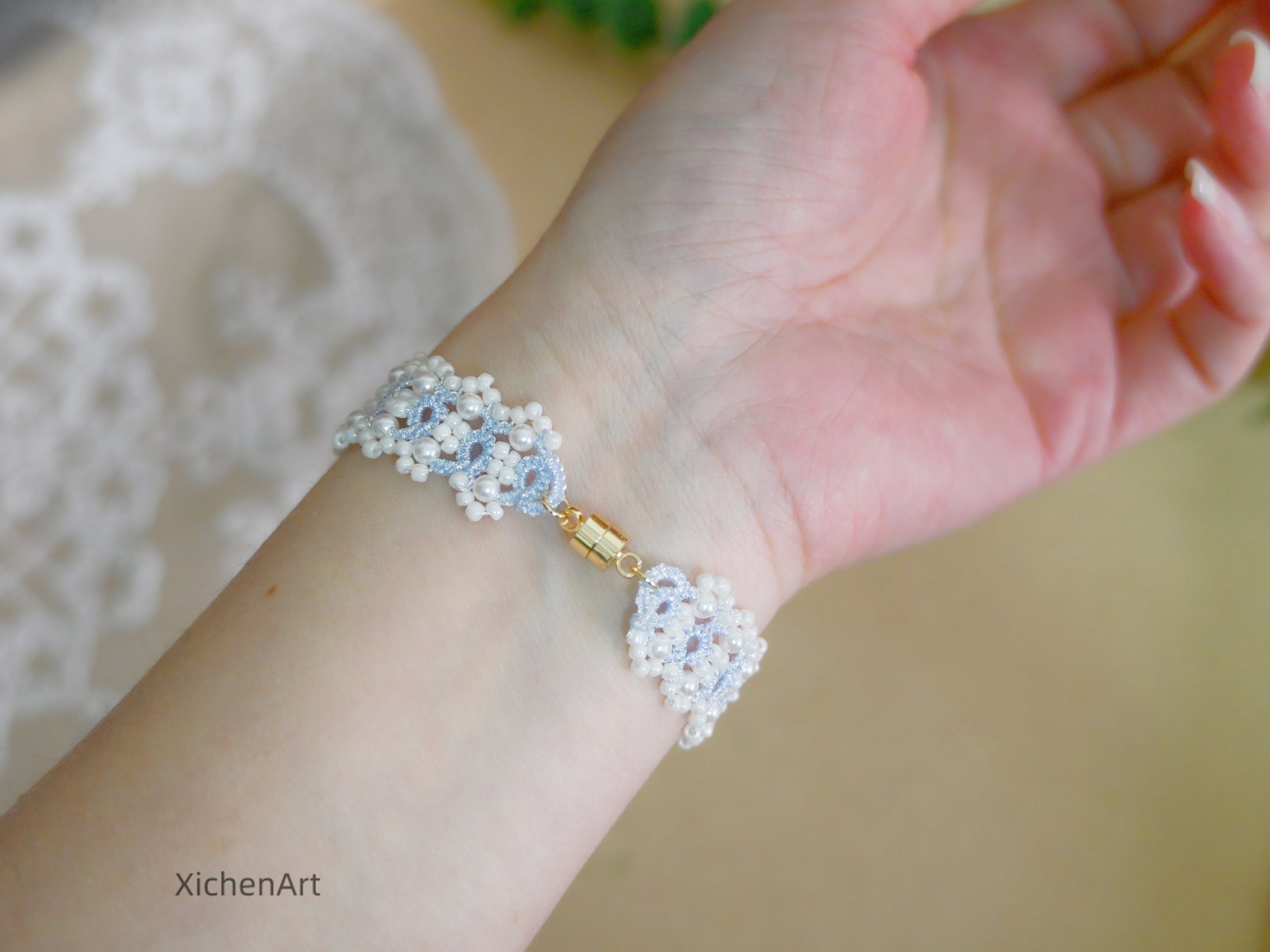 light blue tatting bracelet with pearl and miyuki beads