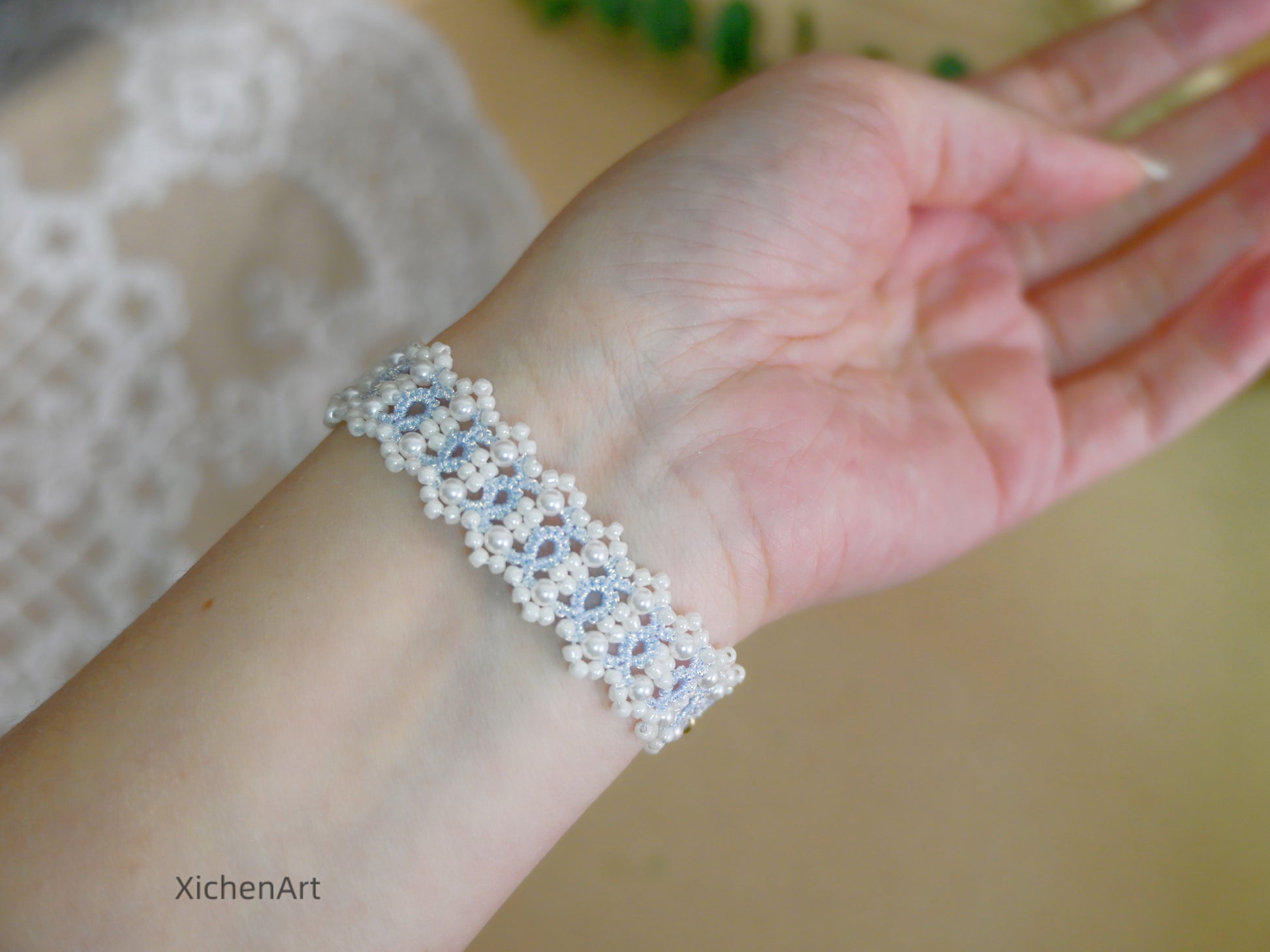 light blue tatting bracelet with pearl and miyuki beads