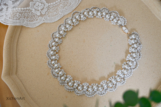 French style tatting necklace with white pearl and beads