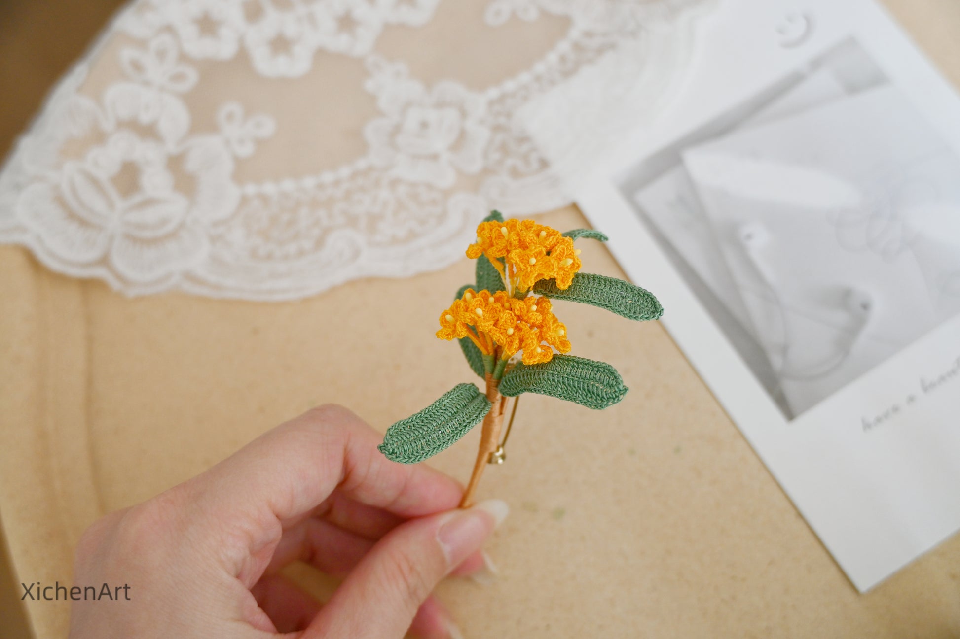 micro crochet laurel brooch