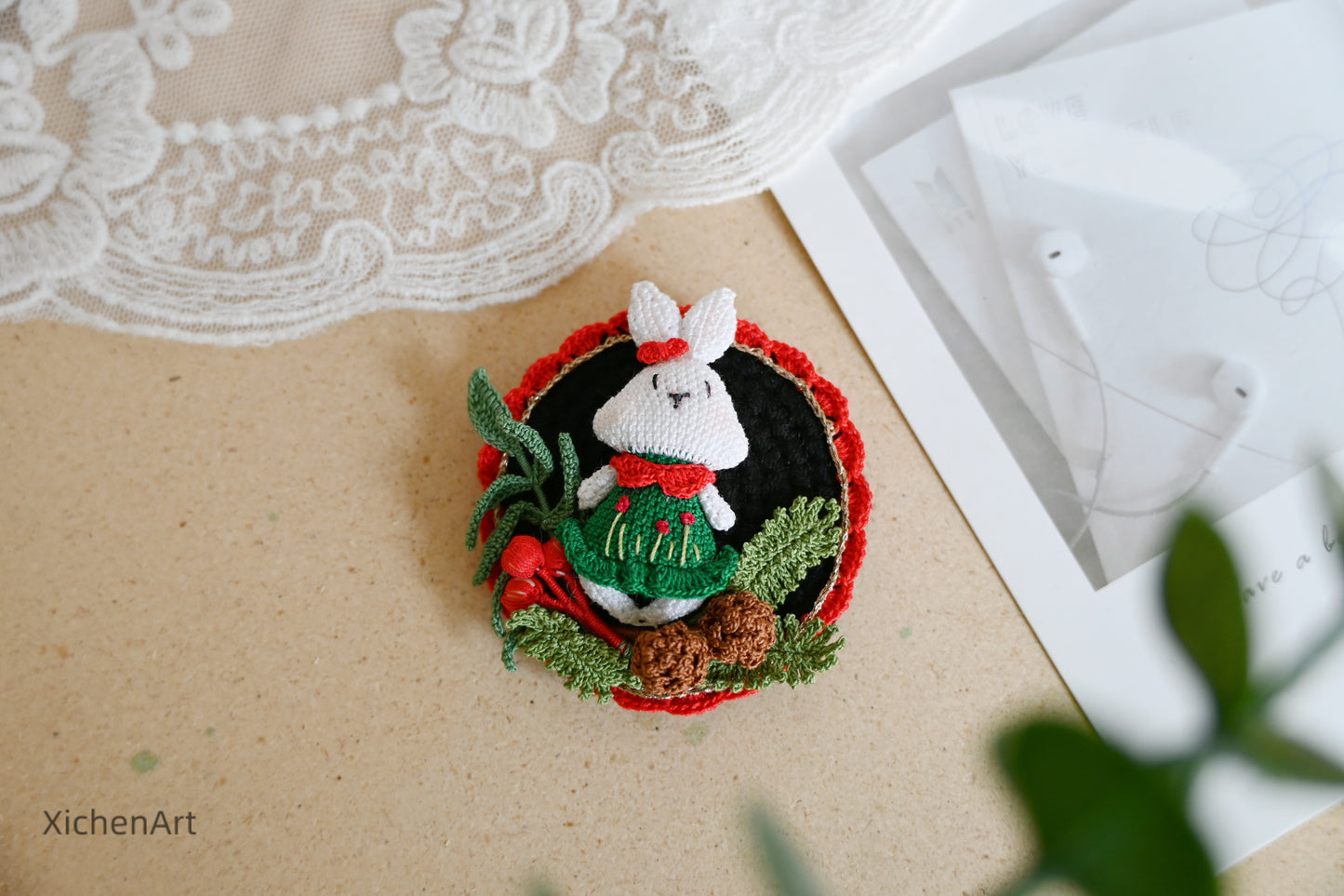 micro crochet rabbit brooch